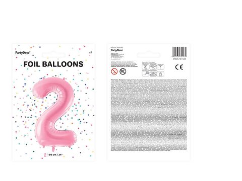 Balon foliowy Cyfra 2, 86cm, różowy Partydeco Balon foliowy Cyfra 2, 86cm, różowy Partydeco