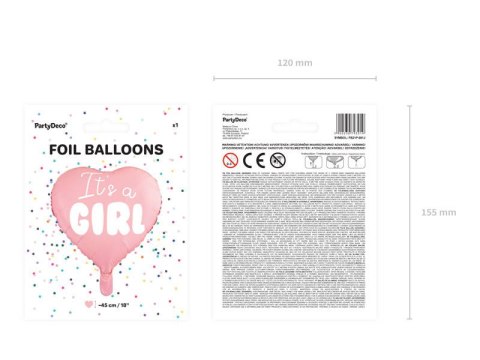 Balon foliowy Serce Różowe - It's a girl, 45cm Partydeco Balon foliowy Serce Różowe - It's a girl, 45cm Partydeco