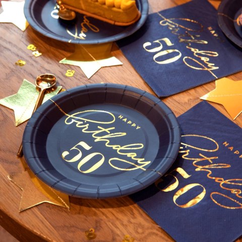 Talerzyk papierowy Happy Birthday 50, granatowy 18cm 6szt. PartyPal Talerzyk papierowy Happy Birthday 50, granatowy 18cm 6szt. PartyPal