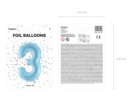 Balon foliowy Cyfra 3, 86cm, jasny niebieski Partydeco