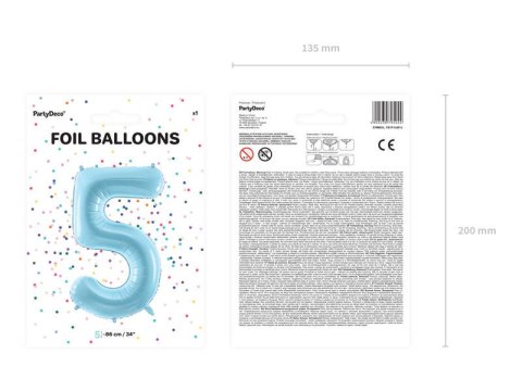 Balon foliowy Cyfra 5, 86cm, jasny niebieski Partydeco Balon foliowy Cyfra 5, 86cm, jasny niebieski Partydeco