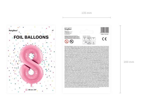 Balon foliowy Cyfra 8, 86cm, różowy Partydeco Balon foliowy Cyfra 8, 86cm, różowy Partydeco