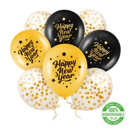 Balony biodegradowalne zestaw Happy New Year czarno-złote 8szt. PartyPal