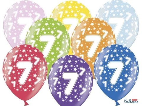 Balony lateksowe z nadrukiem '7' na urodziny, Metaliczne Mix, 30cm, 6 szt. Partydeco